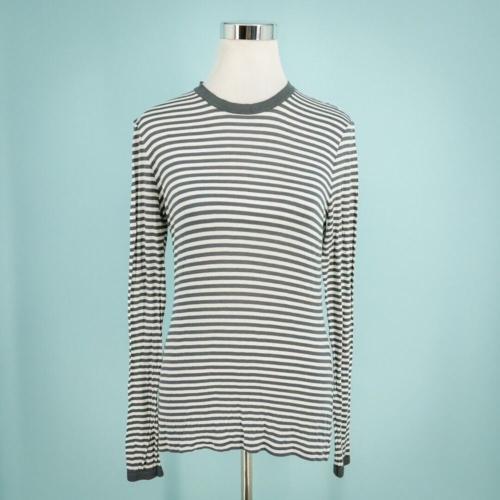 Max Mara Size Small S Gray White Stripe Print Crew Neck Long Sleeve Knit Top